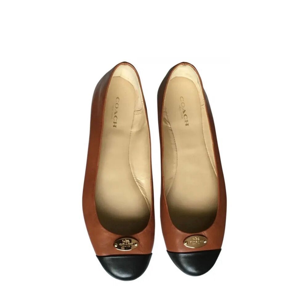 Coach 100% Leather New York Brown Black Tip Ballet Flats Slip On Shoes Women's 9